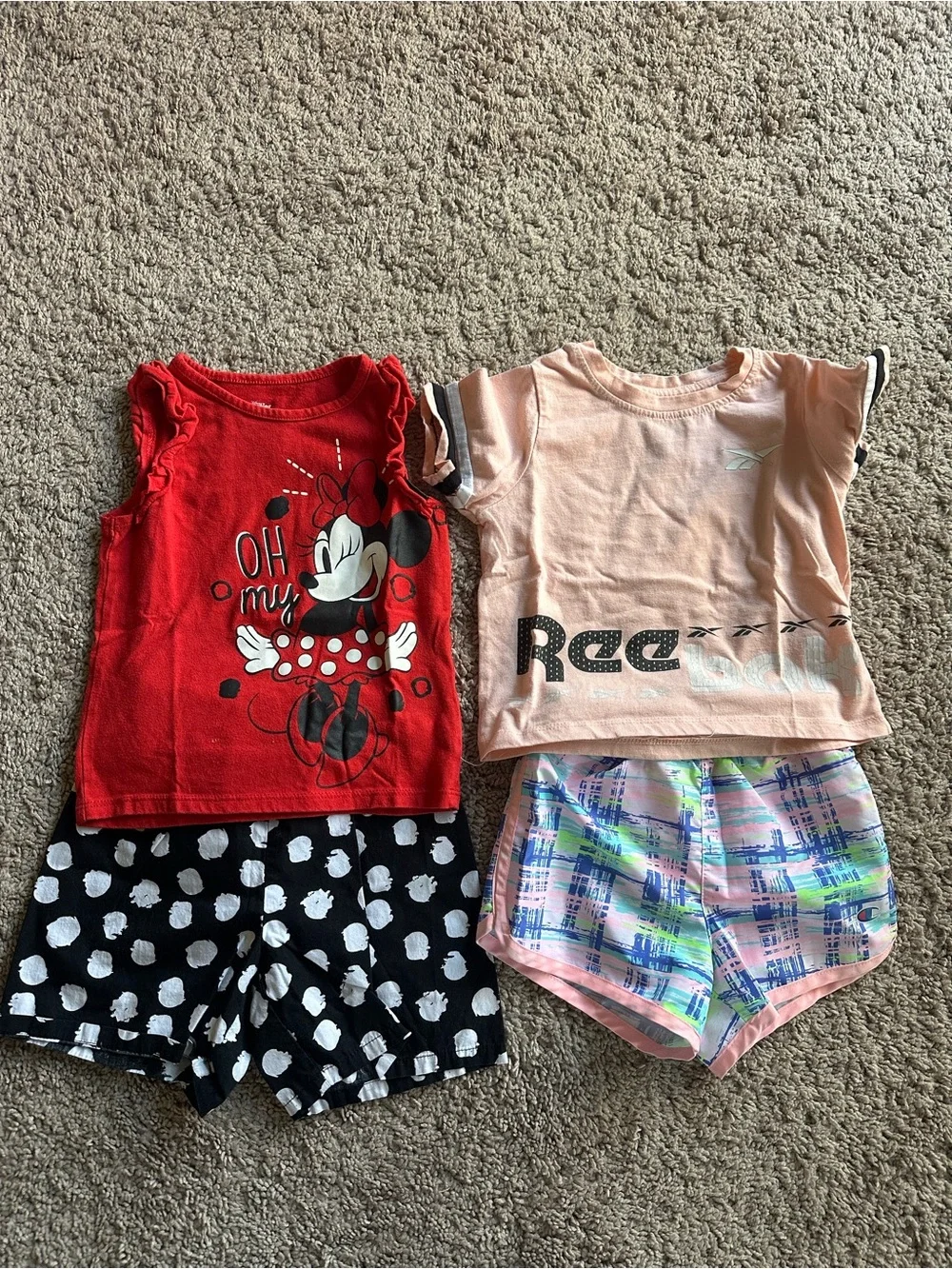 Reebok Peach Short Sleeve Top with Pastel Plaid Shorts and Minnie Shorts withTop